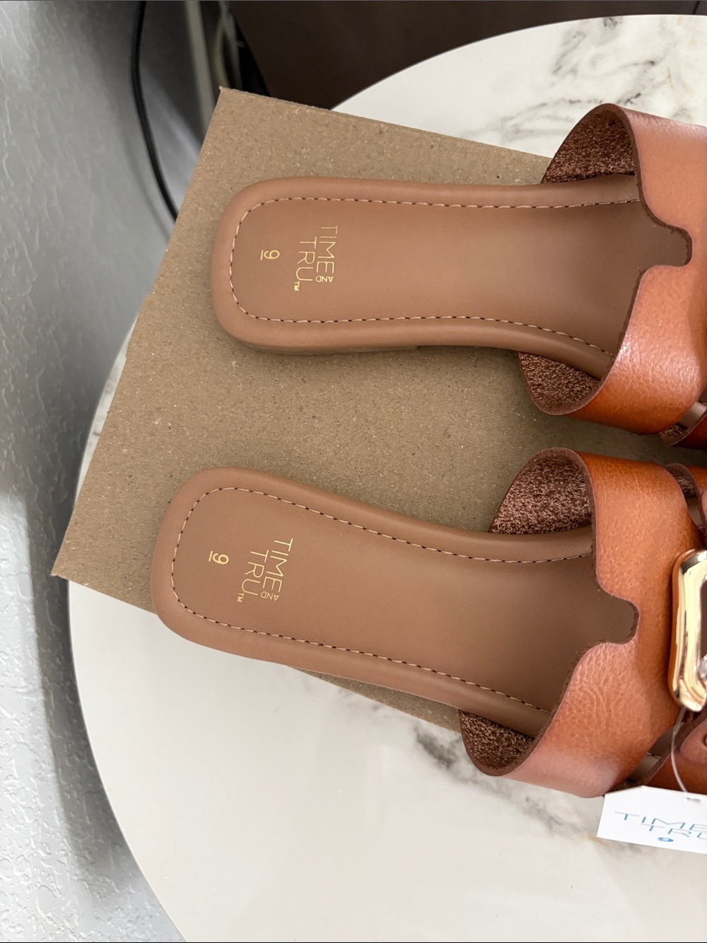 Time and Tru Tan Brown Slide Sandals with Gold Buckle Size 9 - Picture 8 of 9